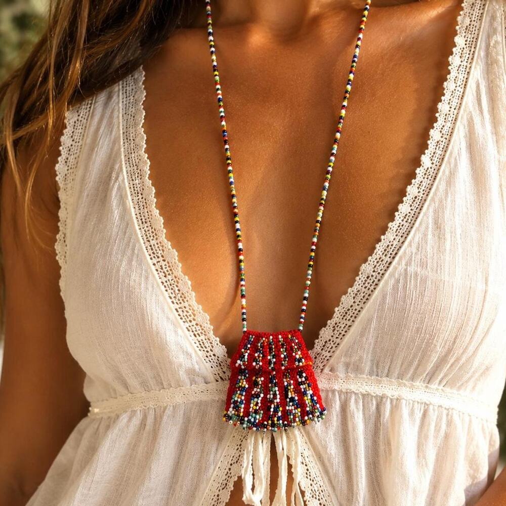 Handmade Colorful Seed Bead Mini Pouch Necklace Boho Festival Artisan OOAK